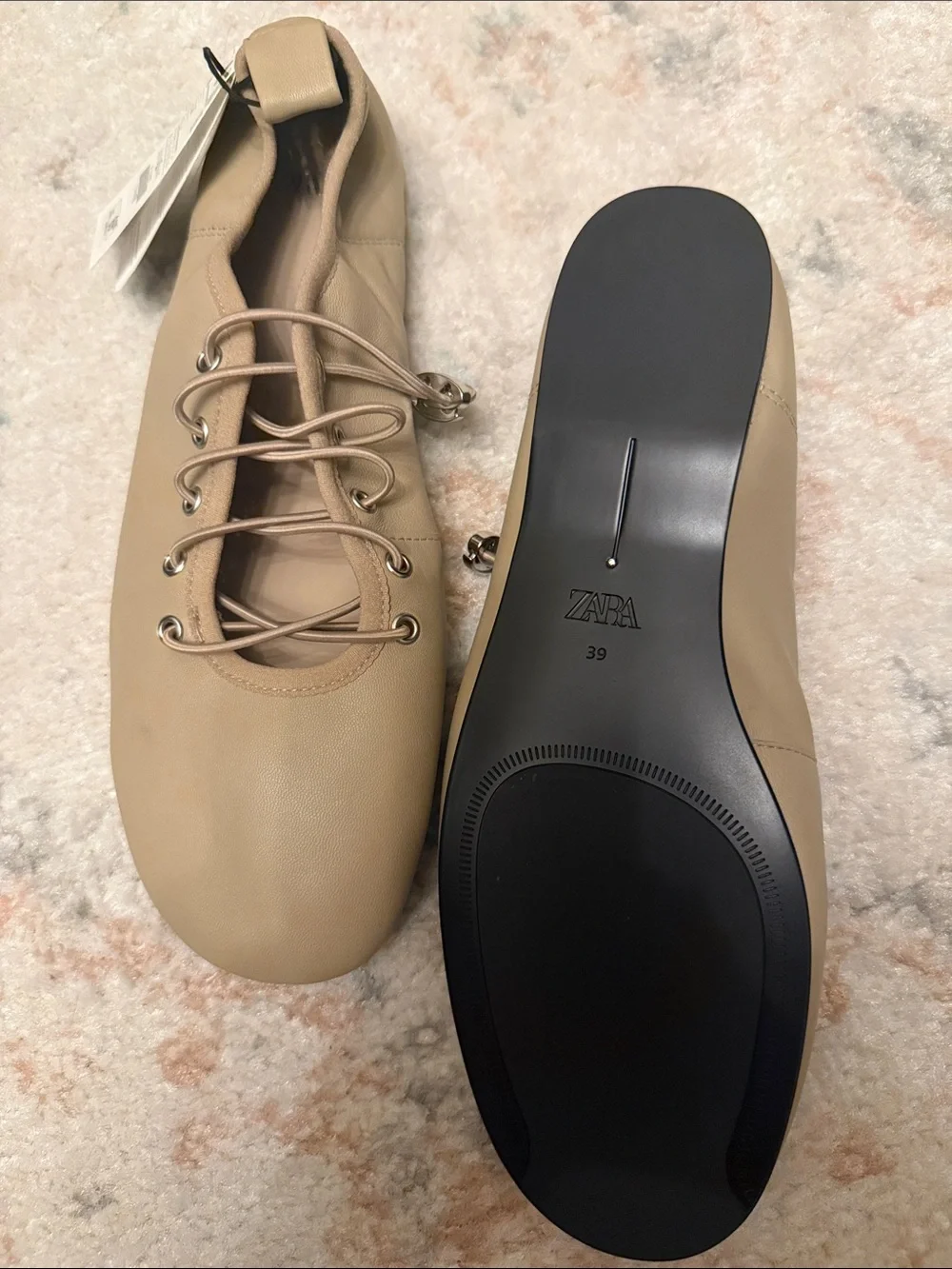Zara Taupe Lace-Up Ballet Flats